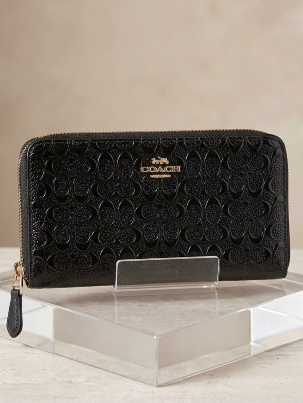 COACH Black Patent Leather Signature Zip Around Wallet